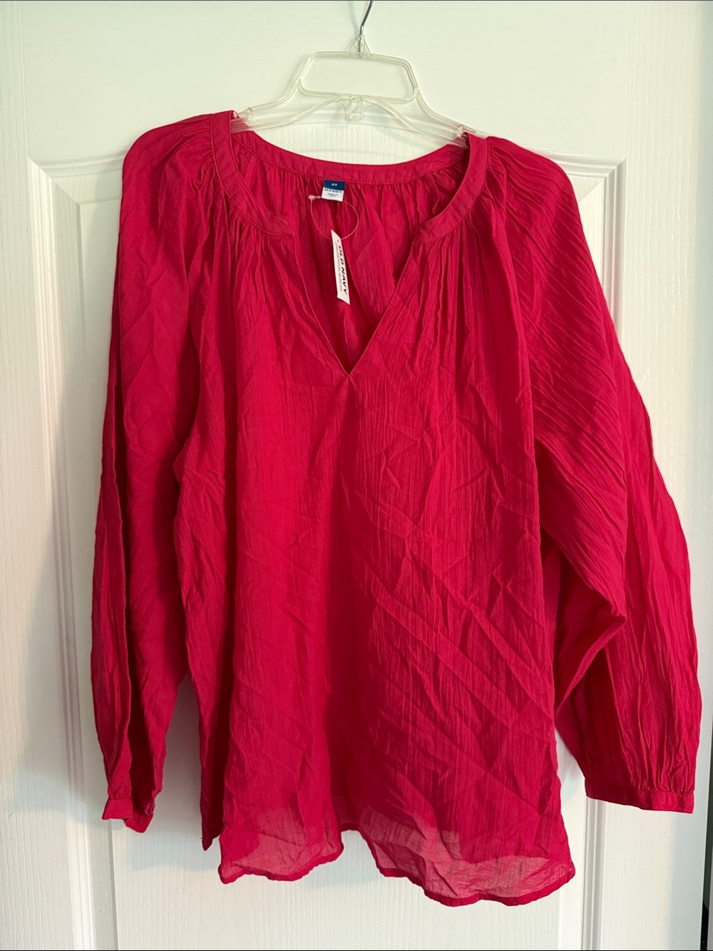 Old Navy Hot Pink Crinkle V-Neck Peasant Blouse